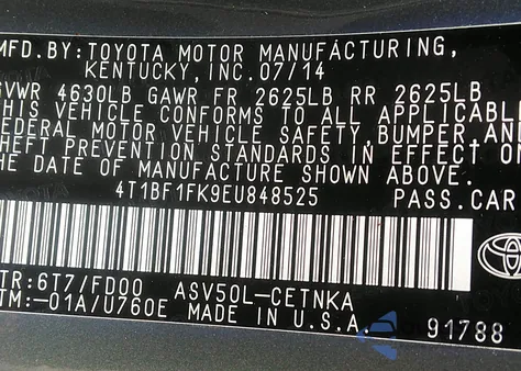 2014 Toyota Camry Le из США, поврежденный, VIN 4T1BF1FK9EU848525